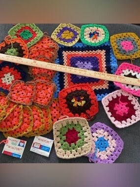27 Vintage Handmade Granny Square Crochet Doilies Colorful Boho knit afghan mcm